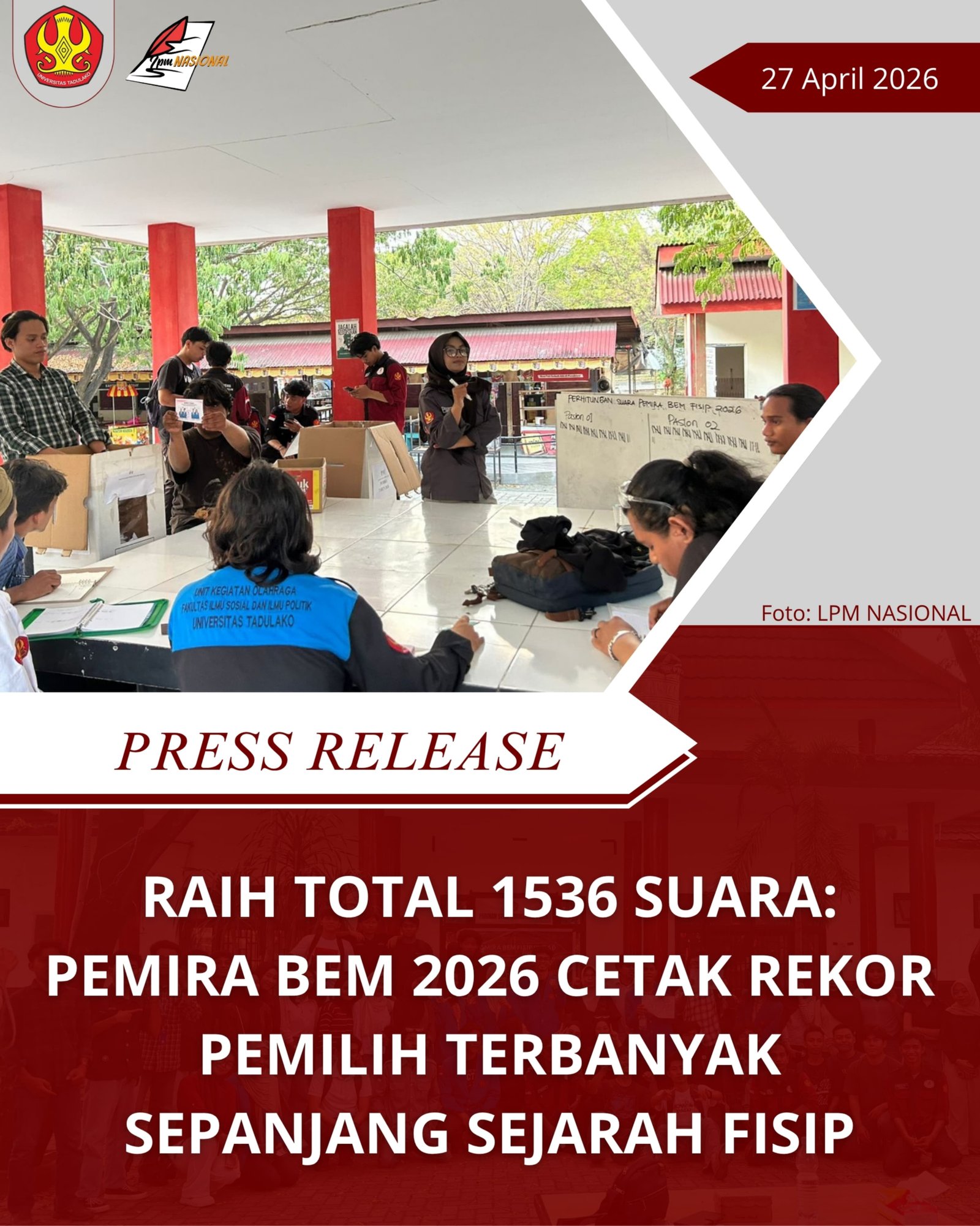 RAIH TOTAL 1536 SUARA:  PEMIRA BEM 2026 CETAK REKOR PEMILIH TERBANYAK SEPANJANG SEJARAH FISIP